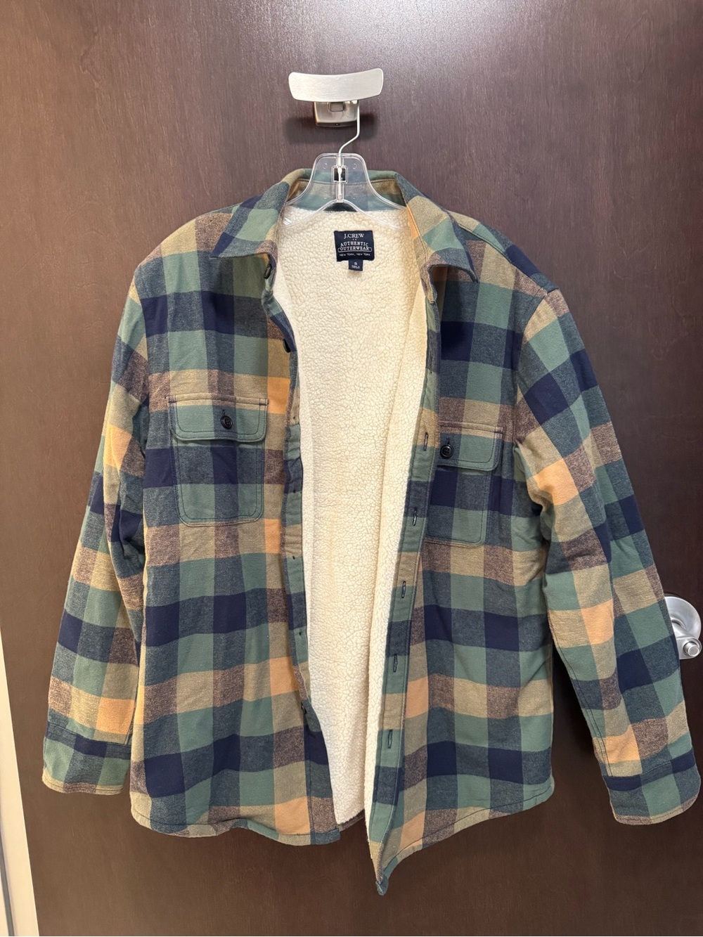 J. Crew Plaid Sherpa-Lined Jacket in Green Navy Tan